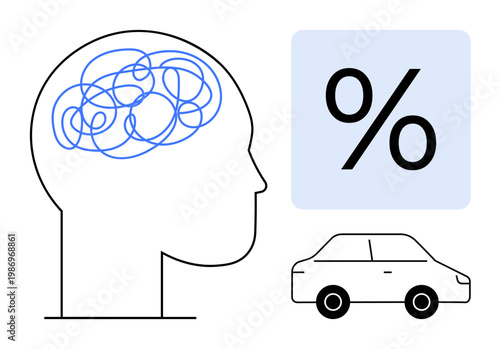 Transportation, decision-making, car loans, insurance rates, financial planning, cognitive analysis. Human head profile with brain illustration, percentage sign and car symbol. Decision-making