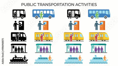 Public Transportation Icons and Illustrations Depicting Bus, Train, and Ferry Travel Scenarios