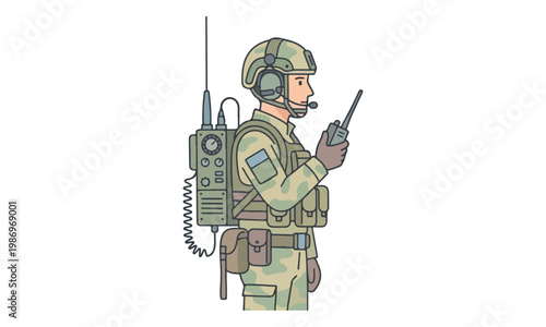 Soldier Using Radio Communication Equipment in Camouflage Uniform
