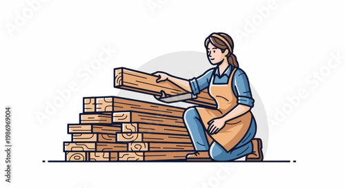 Person in apron stacking wood planks