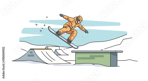 Snowboarder Jumping Over Rail in Snow Park Illustration