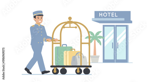 Hotel bellboy pushing luggage cart with suitcases at entrance