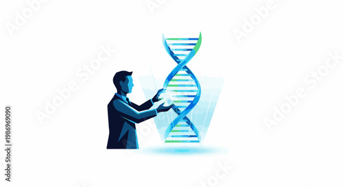 Person in a suit manipulates a glowing blue DNA strand against a white background