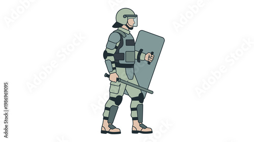 Riot Police Officer Holding Shield and Baton Vector Illustration