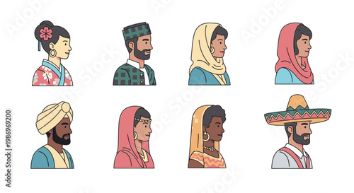 Diverse People in Traditional Ethnic Costumes Side View Avatar