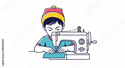 Person in cap operating a sewing machine with focus on hands