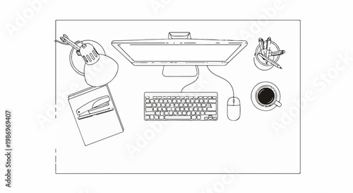 Overhead view of a tidy desk with a computer, keyboard, mouse, coffee, and supplies
