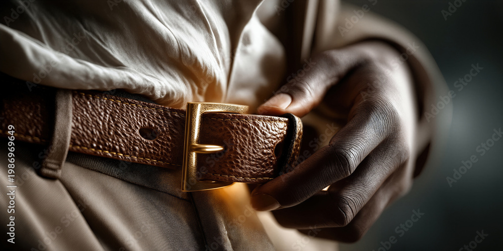 Fototapeta premium An individual prepares for day by fastening durable leather belt with attention to detail