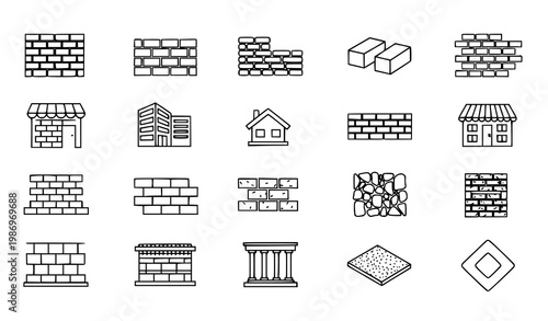 Minimal thin line brick wall construction icon set with stone masonry and architecture outline symbols vector