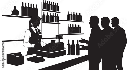 Wine Shop Counter Silhouette Cashier and Customers Vector