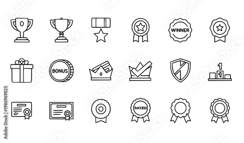Minimal thin line awards and achievements icon set with trophies medals and success outline symbols vector