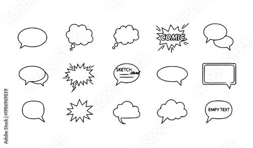 Black line comic speech bubble set with empty dialog clouds hand drawn vector illustration