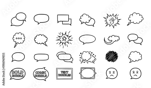 Empty comic speech bubbles set with black line hand drawn dialog cloud vector illustration