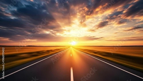 Dramatic Sunset Over Open Road Journey Towards Horizon.