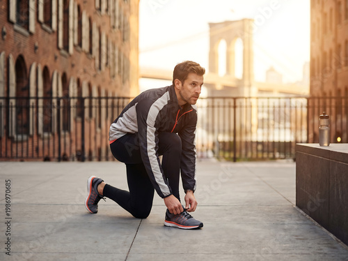 athletic man tying shoelaces before workout in early morning sunlight outdoor urban fitness motivation concept commercial photography