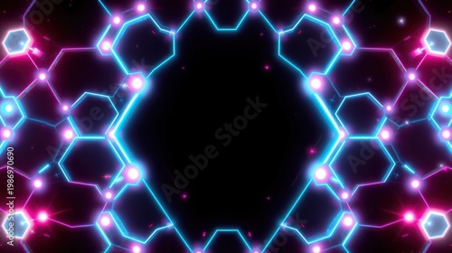 Neon hexagons form tunnel, glowing pink, cyan. Dark background creates depth, futuristic aesthetic. Abstract digital art.