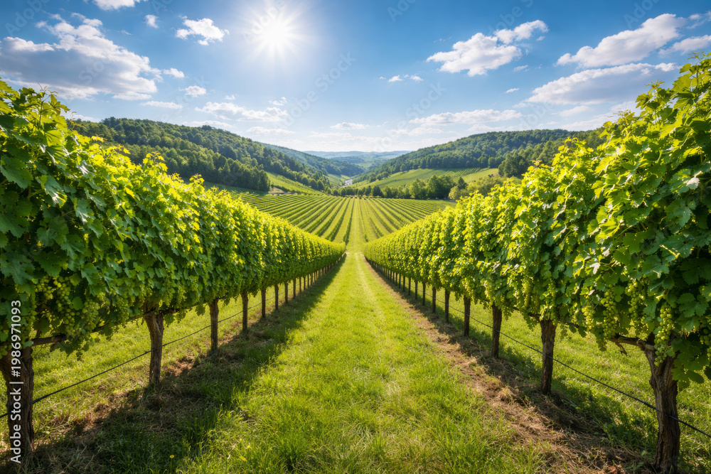 Obraz premium Lush vineyard landscape under sunny blue sky with trees