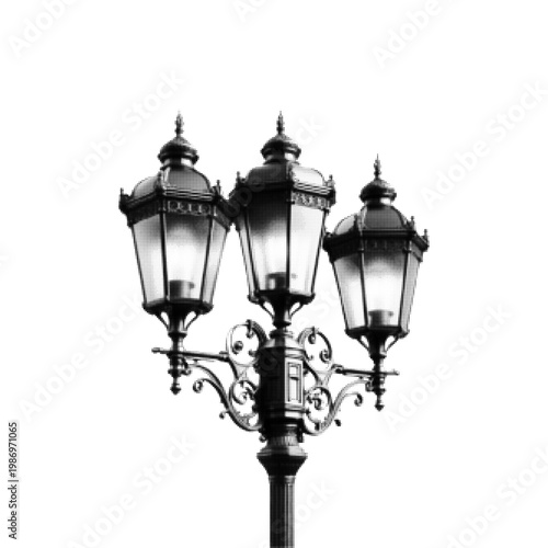 Halftone illustration of an ornate vintage street lamp with three lanterns, isolated on white background. Decorative ironwork and classic European style, symbolizing city lighting, urban atmosphere, a