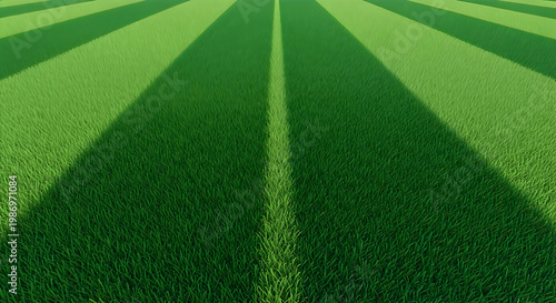 A vibrant green field with long shadows created by overhead lines