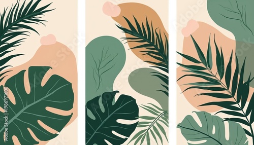 Abstract art features tropical leaves Monstera palm fronds blended with earthy pastel shapes. Modern botanical wall art, minimalist decor. Nature inspired design.