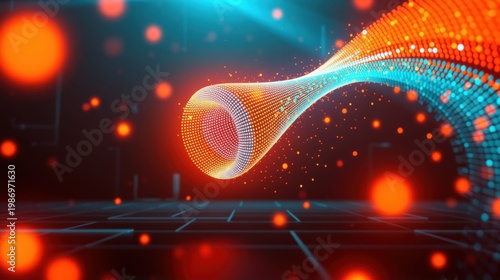 Abstract digital tunnel. Glowing particles form vibrant pathway. Futuristic design, technology concept, dark background.