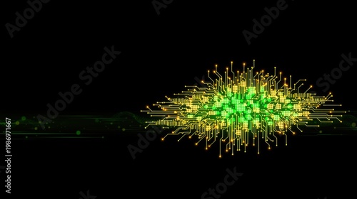 Digital circuit pattern glows brightly against dark background. Complex network suggests data flow, technology innovation.