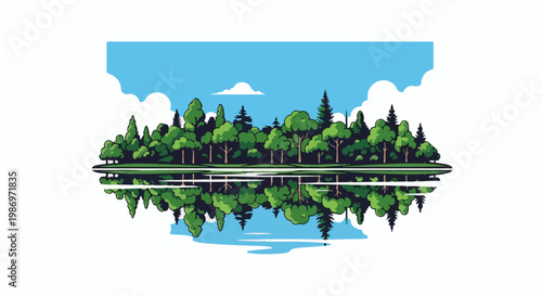 Pixel art forest scene with serene water reflection under a cloudy blue sky