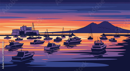 Pixel art harbor scene at sunset with boats and a volcanic mountain