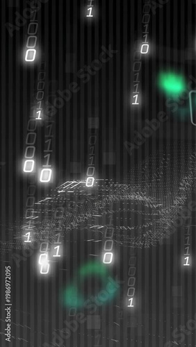 Vertical video: Green node rising as data rain driving ring morphing then fading to dot line for UI