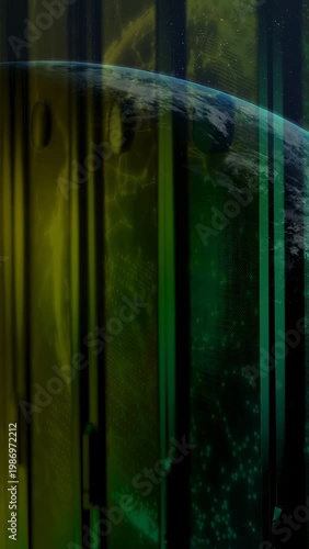 Timeline scrub revealing planet crescent, color shifting while vertical panels unveiling orbital UI