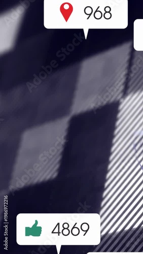 Vertical video: Bubble labels stacking on dark grid, triggered by social feed, showing metrics