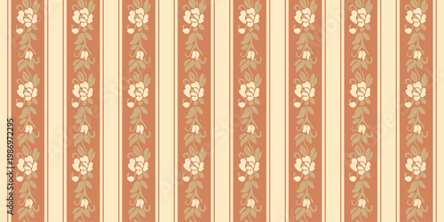 Seamless vertical floral stripe pattern in terracotta tones