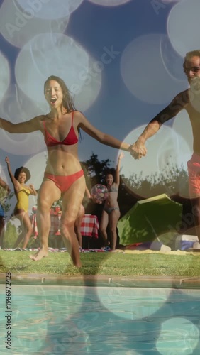 Vertical video: Pals cheering, sending couple running and jumping into pool, bokeh for leisure