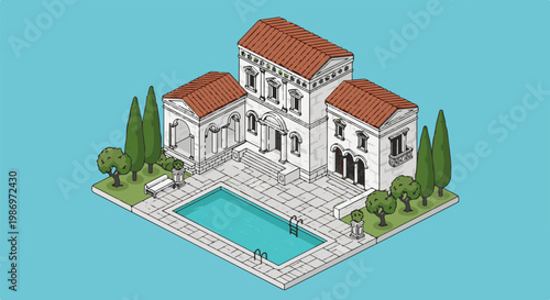 Pixel art of a classical mansion with a pool and garden