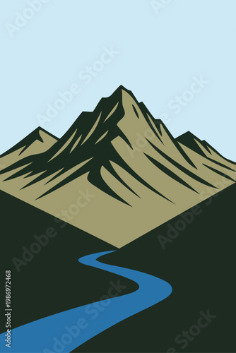 Logo agencia de viajes. Dibujo minimalista de un paisaje con las silueta de una montaña con un río