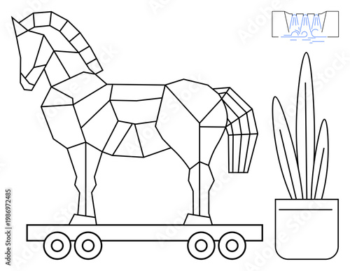 Cybersecurity, information safety, deceptive strategies, Trojan malware, digital threats, and caution. A geometric horse on wheels with a potted plant. Cybersecurity and information safety ideas
