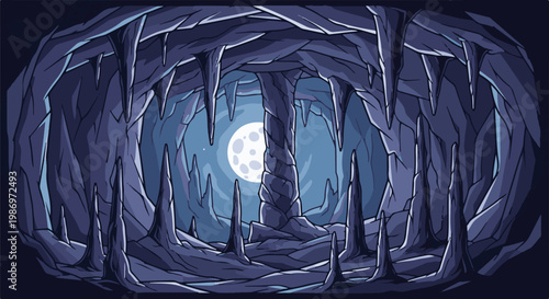 Pixel art of a dark cavern with sharp stalactites and a full moon