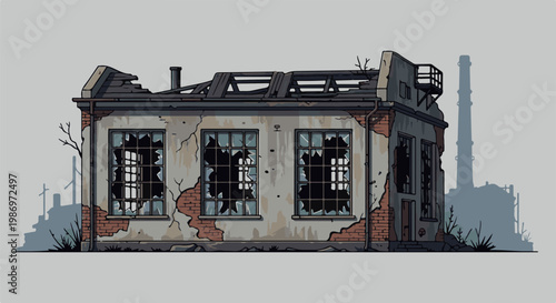 Pixel art of a dilapidated, abandoned building with broken windows and crumbling walls