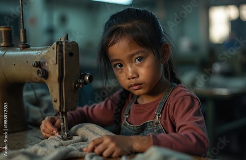 Young girl operates old sewing machine in dimly lit workshop. Child works diligently at table with fabric. Female kid in overalls focused on textile production, industrial setting.