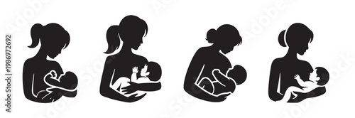 Breastfeeding mothers, nursing babies, silhouette icons, black and white, vector graphics