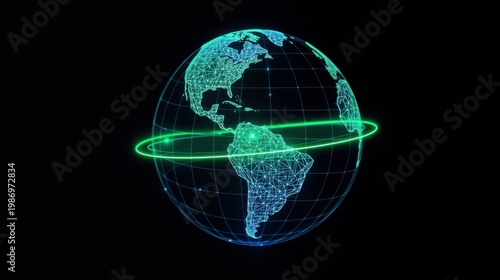 Polygonal globe illustration. Bright lines connect continents, forming network. Dark background emphasizes glowing world map design.