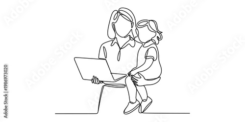 Continuous line drawing of a mother working on her laptop while holding her young child on her lap