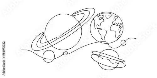 Continuous line drawing of planets including earth and saturn in a minimalist cosmic style