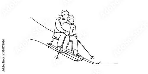 Minimalist one line art illustration of a couple skiing downhill on a snowy mountain during winter