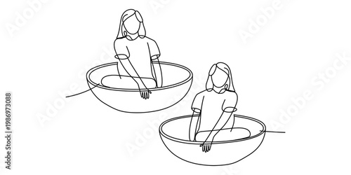 Minimalist single line art illustration of two young women sitting inside large bowl shapes