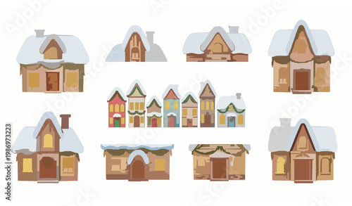 Christmas watercolor houses vector set cozy winter homes with snow festive illustration isolated