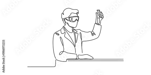 Continuous line drawing of a male scientist in a lab coat holding a test tube and wearing goggles.