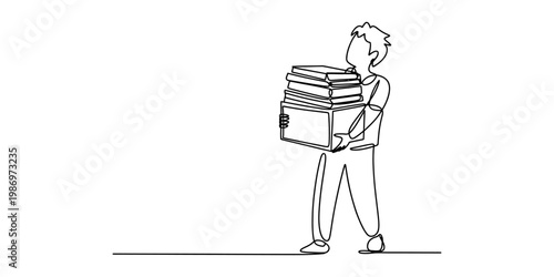 A continuous line drawing of a man carrying a heavy box with several books stacked on top of it.