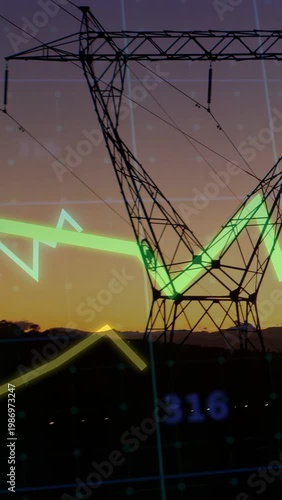 Tower at dusk, green line entering left, graphs sweeping over tower across data grid showing power