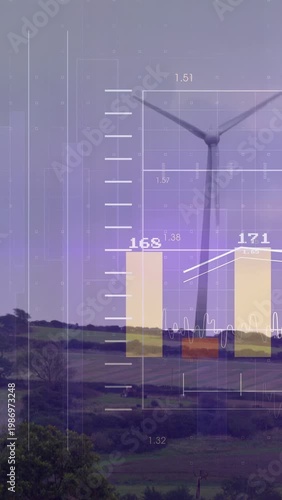 Vertical video: On overlay appearing, wind turbine rotating while animating bars to show power data